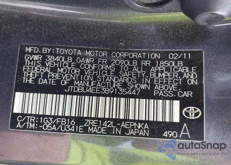 2011 Toyota Corolla Le из США, поврежденный, VIN JTDBU4EE3B9135447